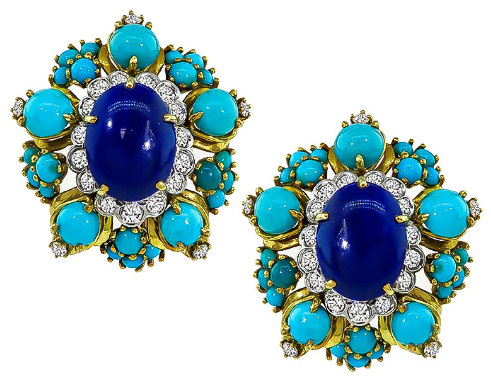 This elegant 18k yellow gold pin, earrings and ring set from the 1960s features high quality cabochon lapis and turquoises. The lapis and turquoise are accentuated by sparkling round cut diamonds that weigh approximately 4.50ct. graded G color with