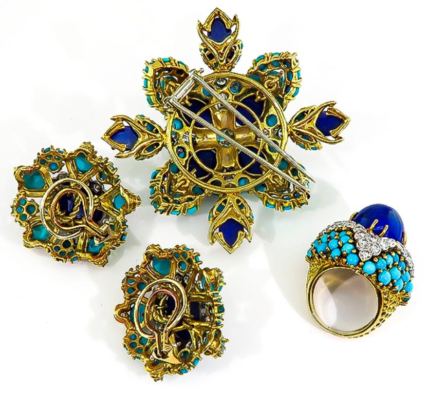 Diamond Lapis Turquoise Gold Pin Earrings and Ring Set In Good Condition In New York, NY
