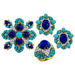 Diamond Lapis Turquoise Gold Pin Earrings and Ring Set