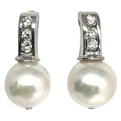 Diamond Large Akoya Pearl Earrings 14k White Gold Certified
