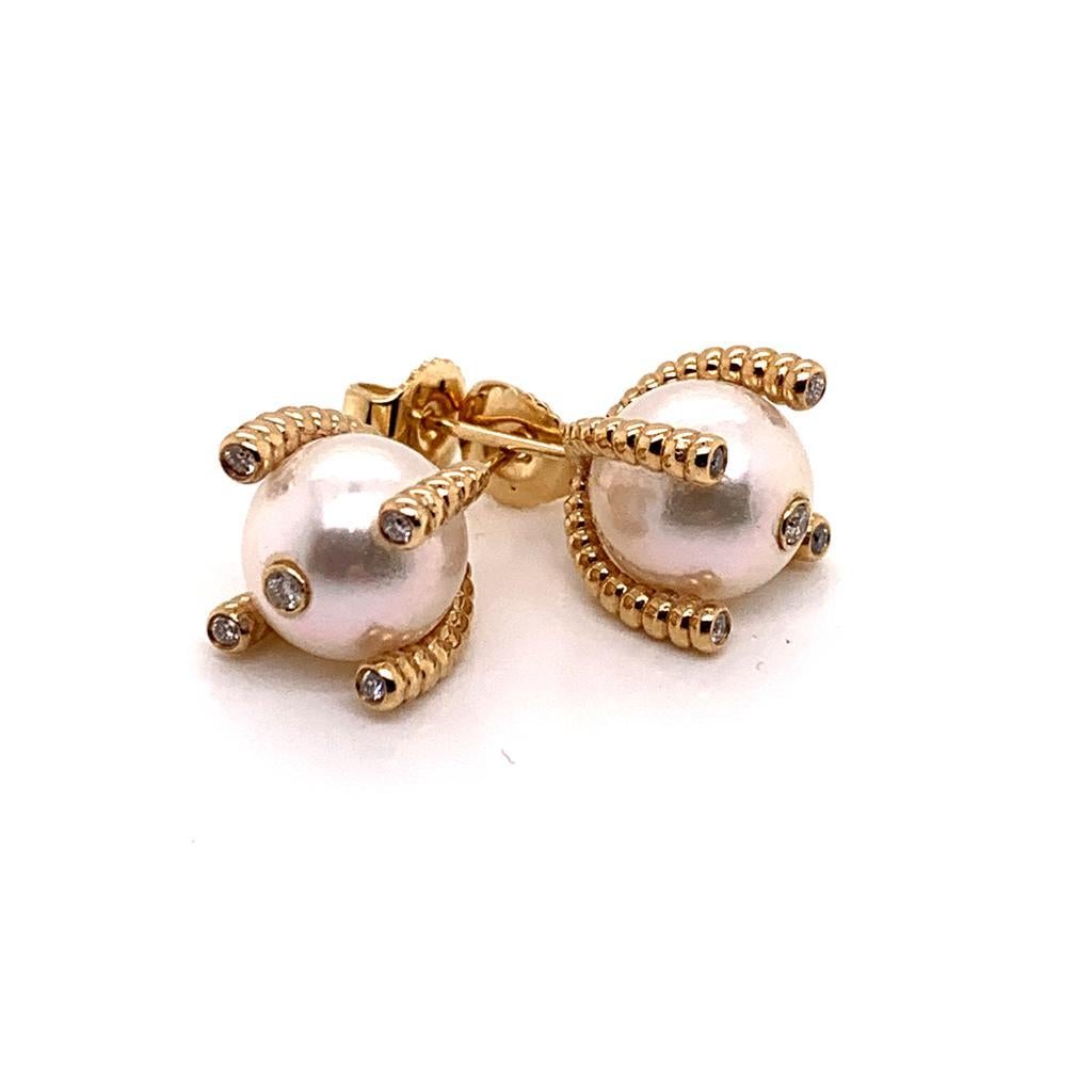 Modern Diamond Large Akoya Pearl Earrings 14k Yellow Gold Certified For Sale