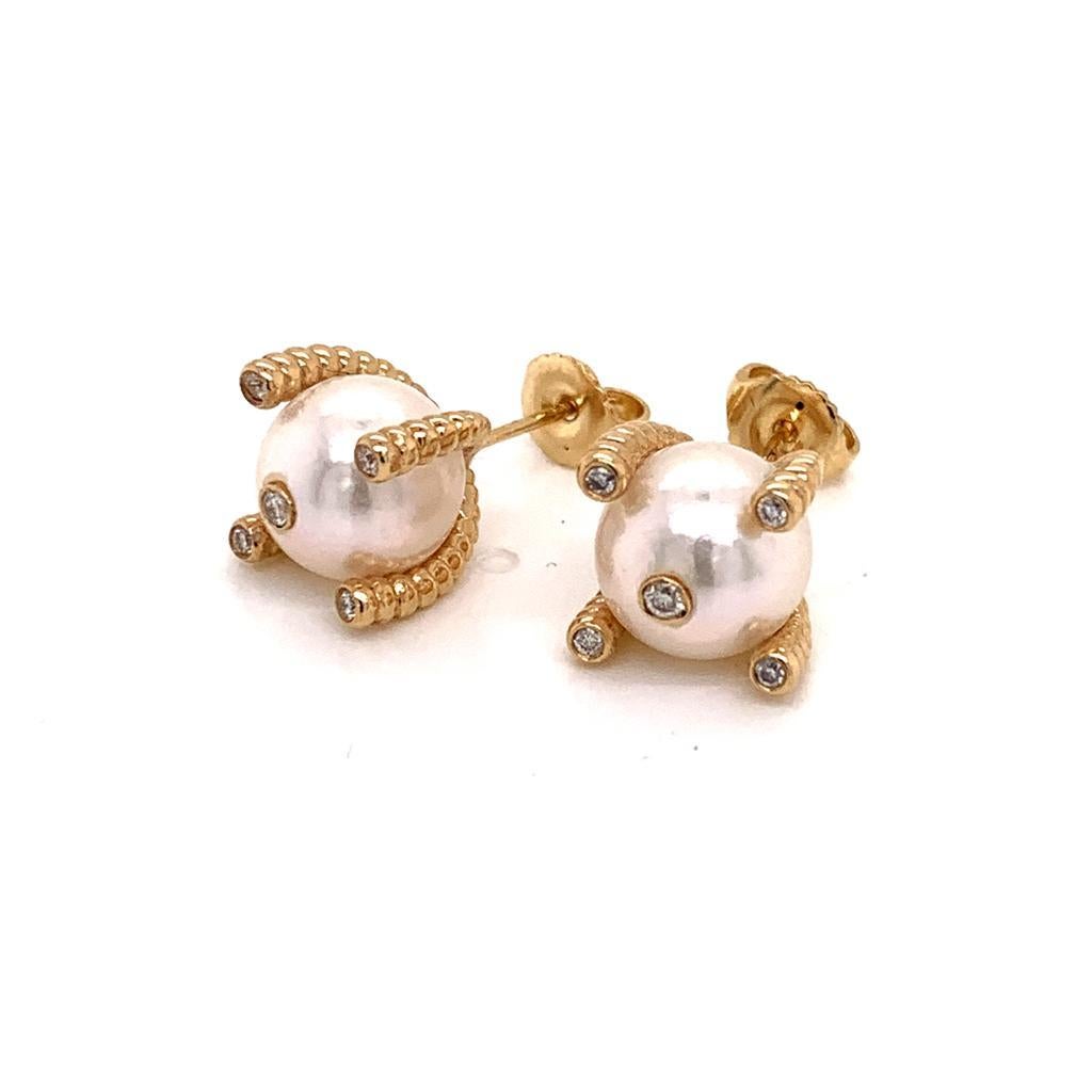 Diamond Large Akoya Pearl Earrings 14k Yellow Gold Certified In New Condition For Sale In Brooklyn, NY