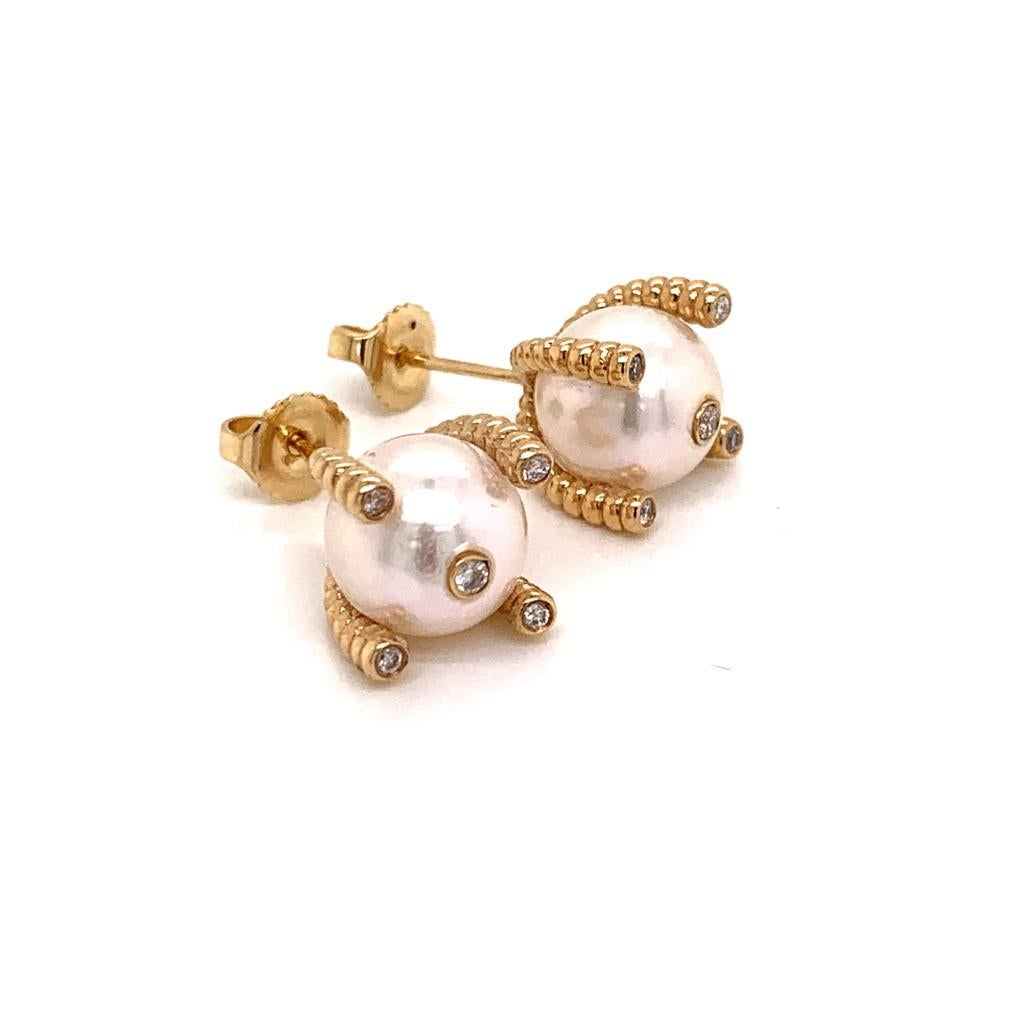 Women's Diamond Large Akoya Pearl Earrings 14k Yellow Gold Certified For Sale