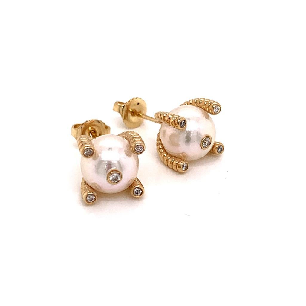 Diamond Large Akoya Pearl Earrings 14k Yellow Gold Certified For Sale 1