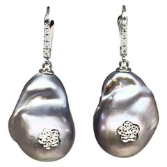 Diamond Large Fresh Water Earrings Baroque Pearl 14 Karat Gold Grey Certified