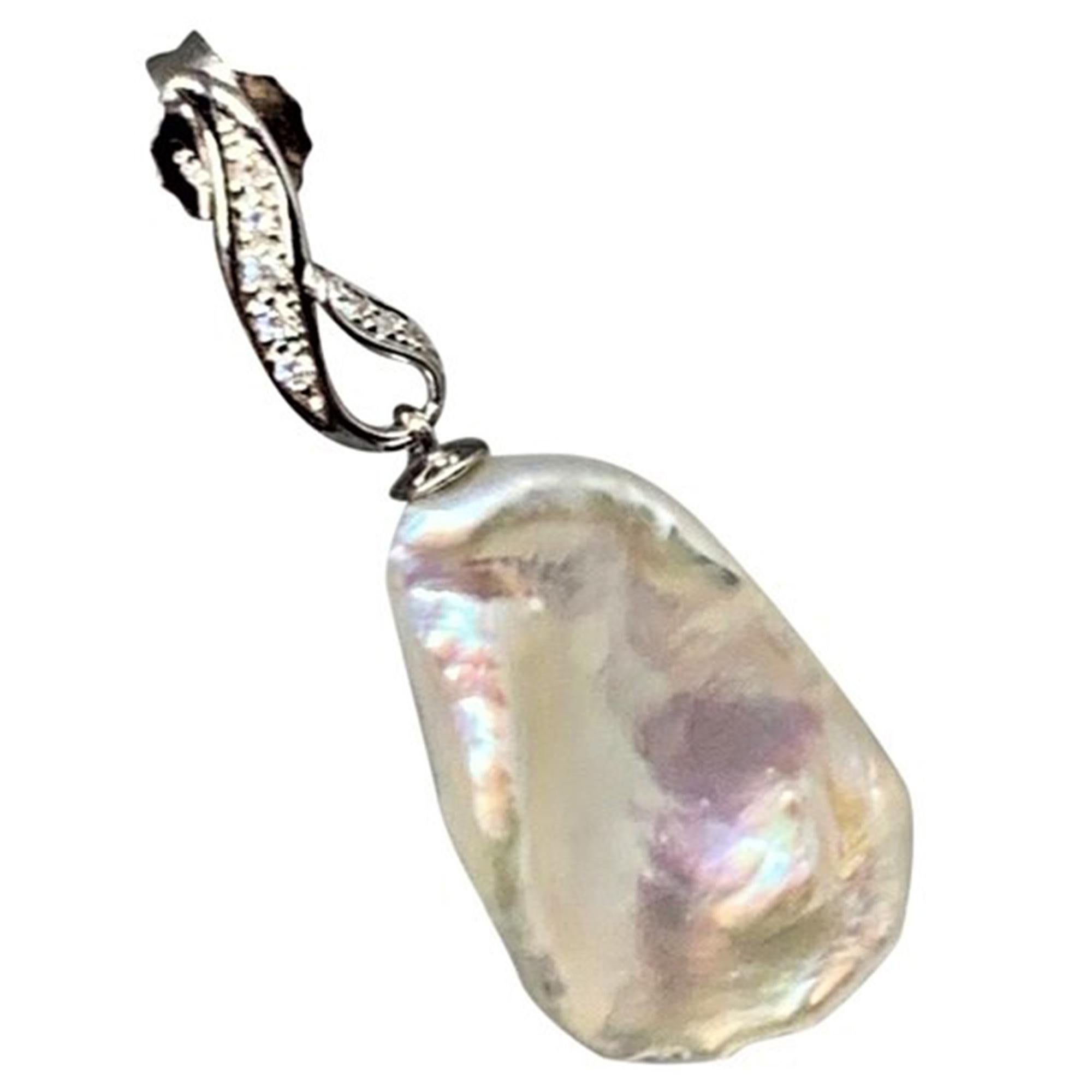 Modern Diamond Large Fresh Water Pearl Earrings Baroque 14k Gold Certified For Sale