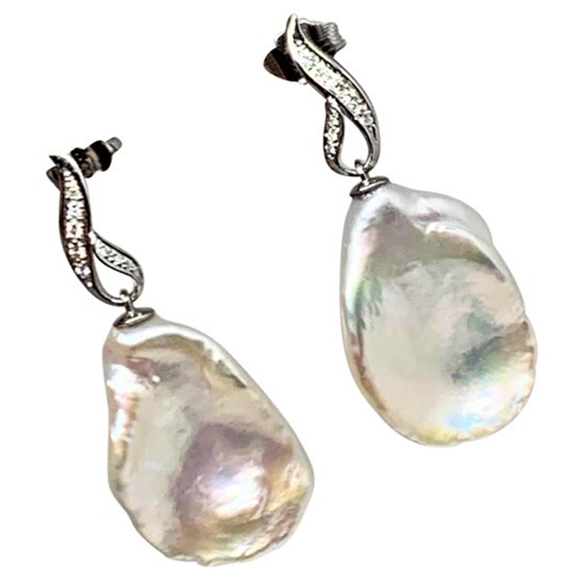 Uncut Diamond Large Fresh Water Pearl Earrings Baroque 14k Gold Certified For Sale