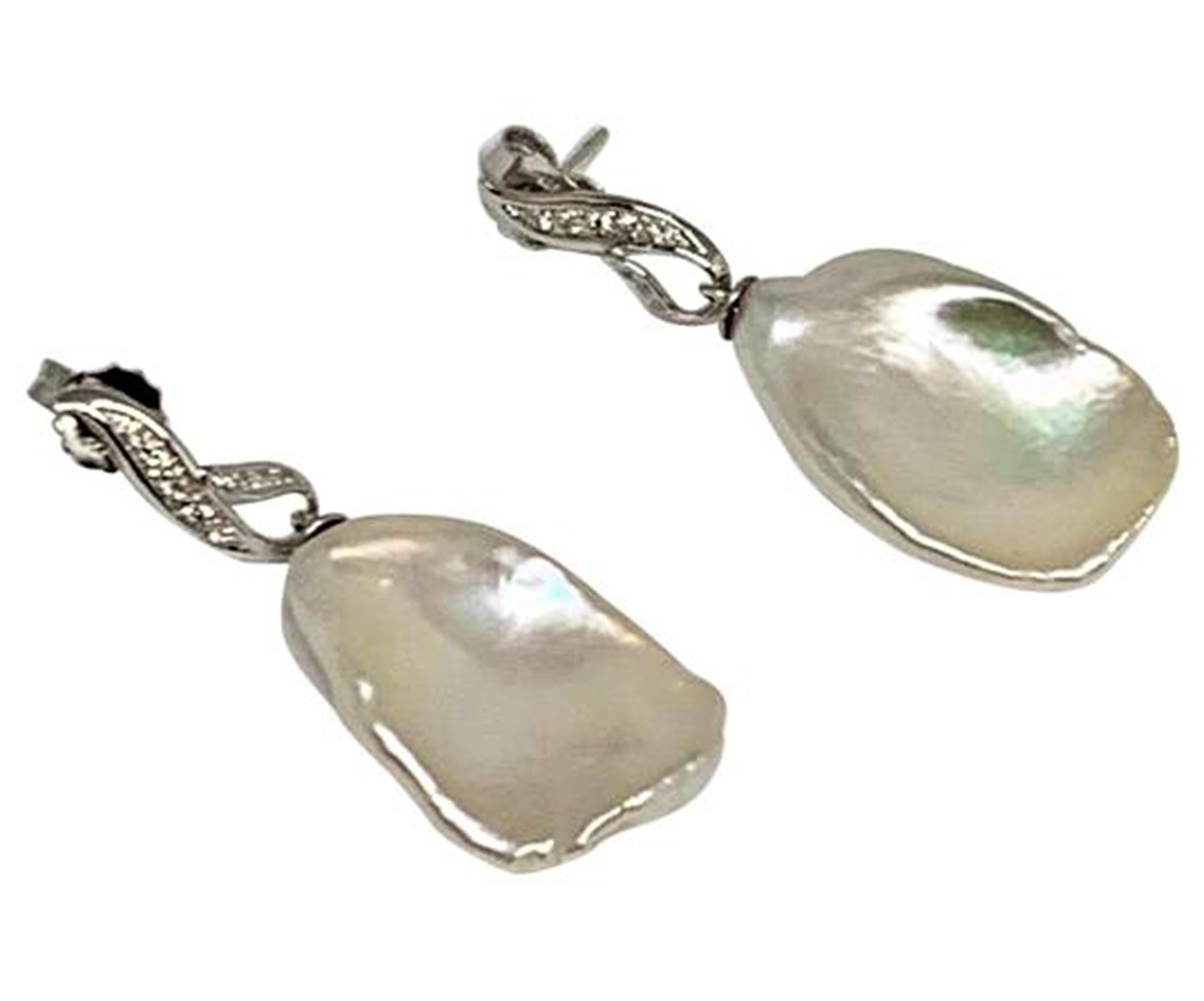 Diamond Large Fresh Water Pearl Earrings Baroque 14k Gold Certified In New Condition For Sale In Brooklyn, NY
