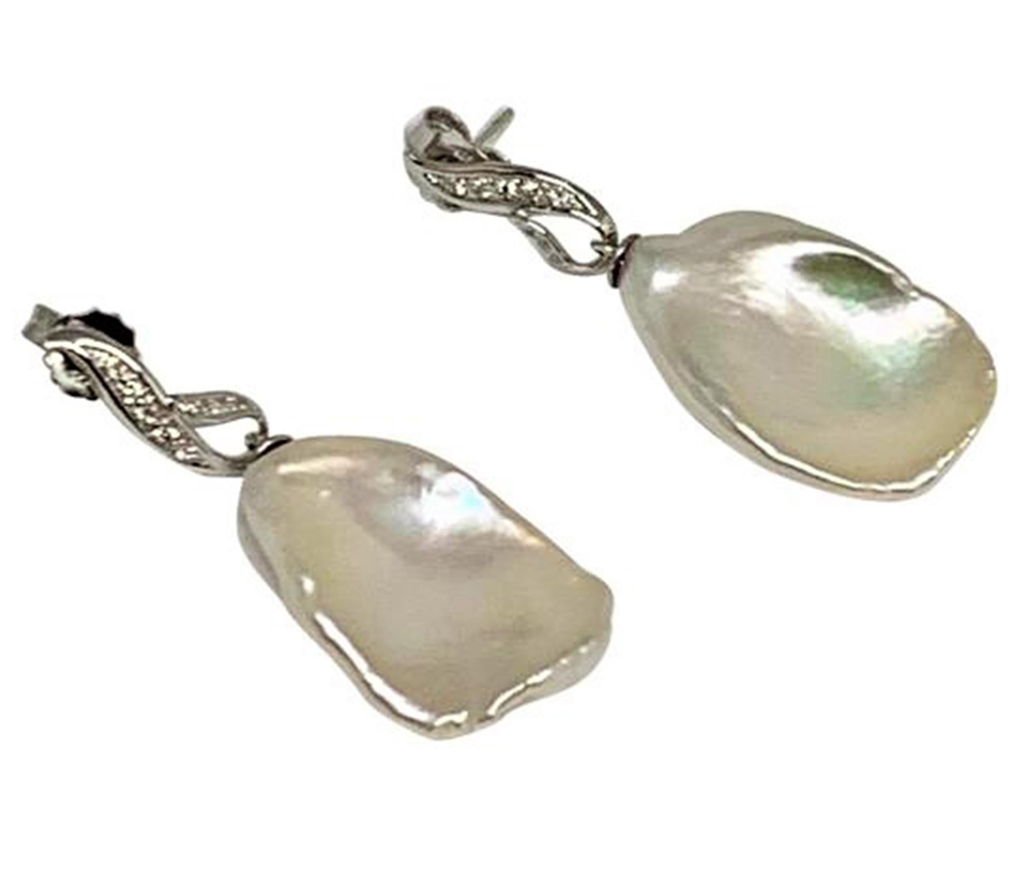 Diamond Large Fresh Water Pearl Earrings Baroque 14k Gold Certified For Sale 1