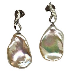 Diamond Large Fresh Water Pearl Earrings Baroque 14k Gold Certified