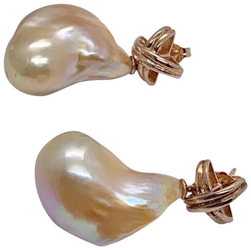 Round Cut Diamond Large Fresh Water Pearl Earrings Baroque Certified