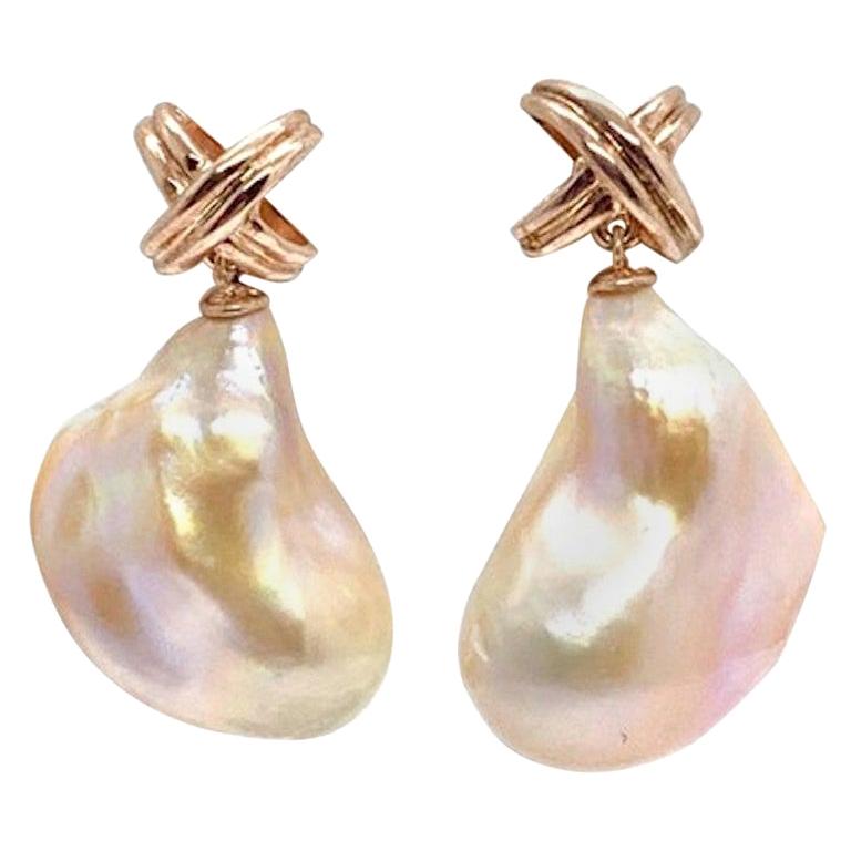 Diamond Large Fresh Water Pearl Earrings Baroque Certified