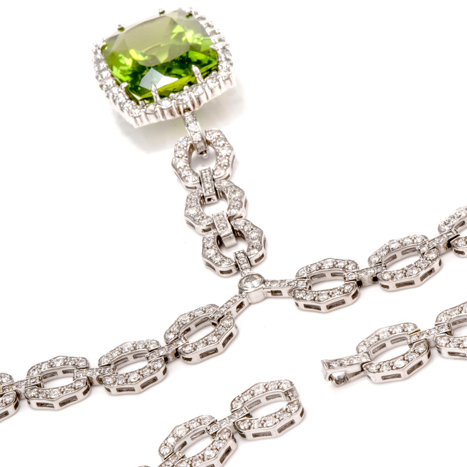 Women's Diamond Large Peridot Dangling 18 Karat Gold Pendant Necklace