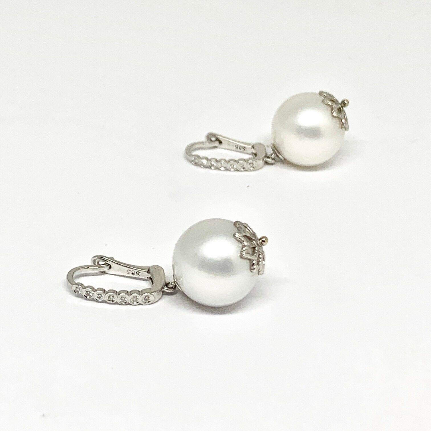 Diamond Large South Sea Pearl Earrings 14k Gold Certified In New Condition For Sale In Brooklyn, NY