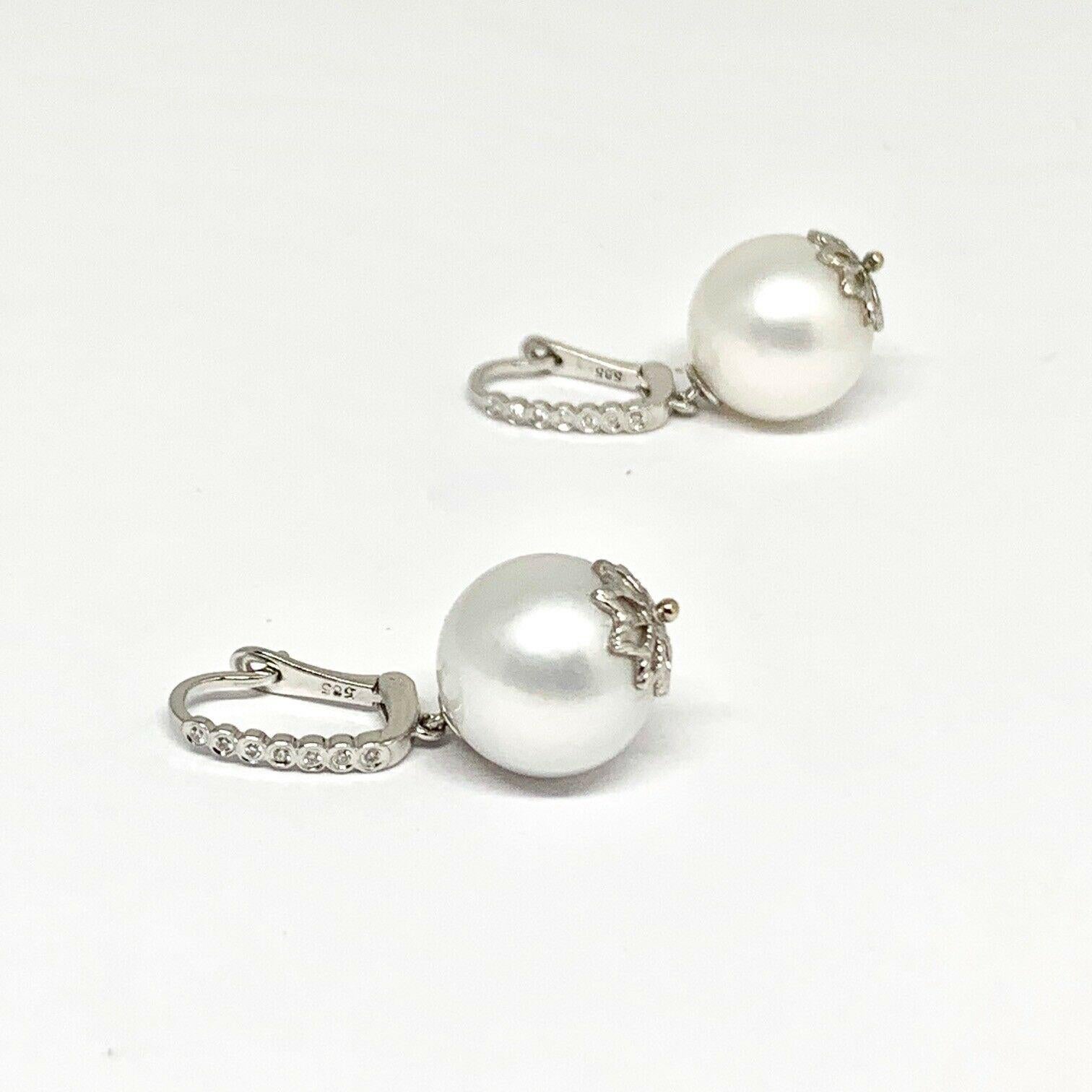 Diamond Large South Sea Pearl Earrings 14k Gold Certified For Sale 1