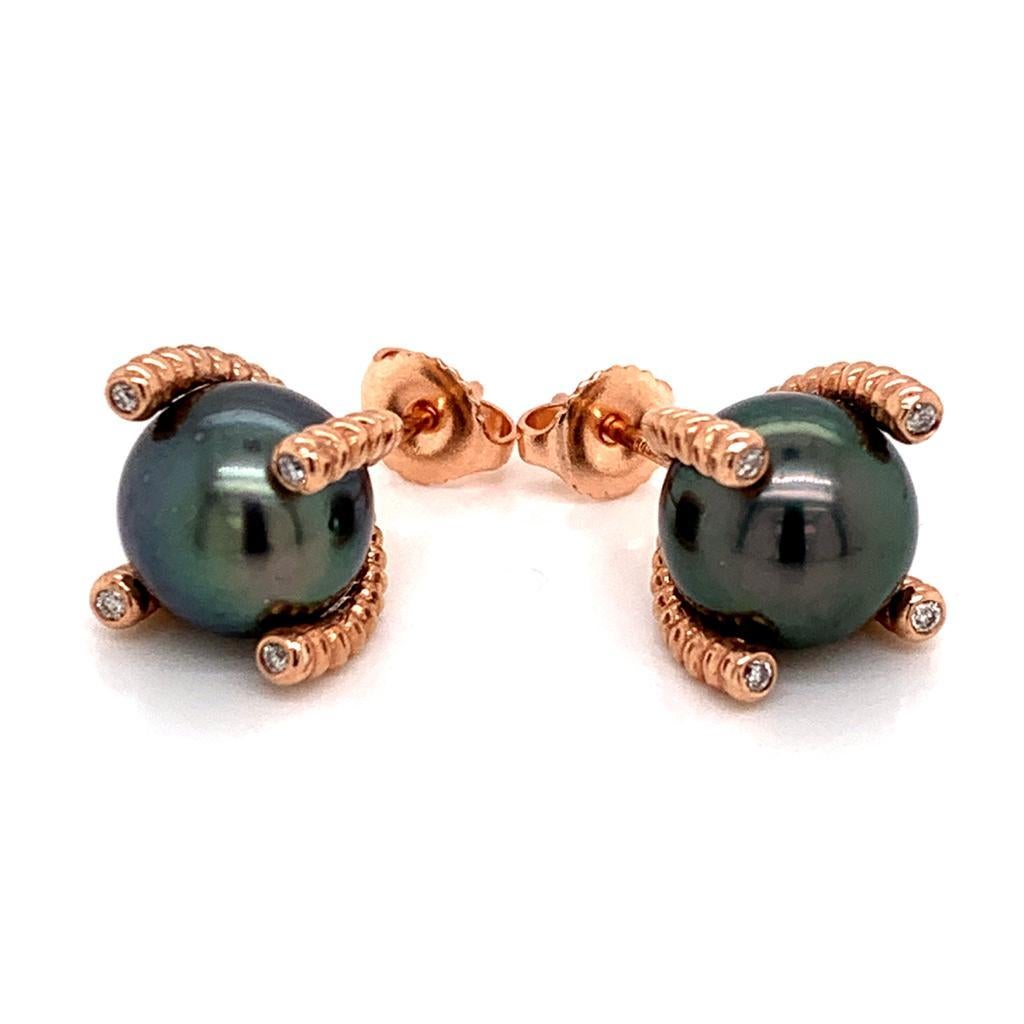 Round Cut Diamond Large Tahitian Pearl Earrings 14k Rose Gold Certified For Sale
