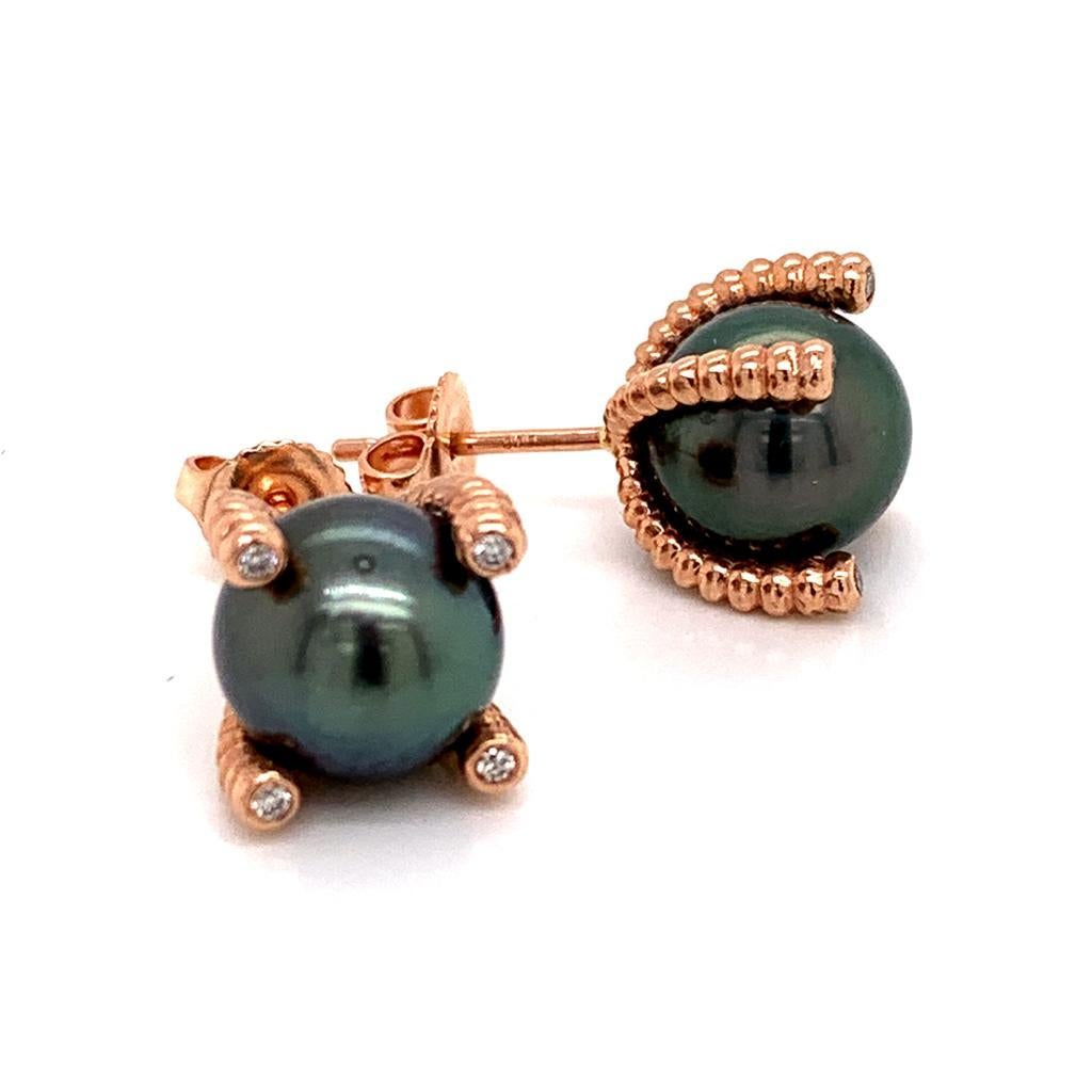 Diamond Large Tahitian Pearl Earrings 14k Rose Gold Certified In New Condition For Sale In Brooklyn, NY