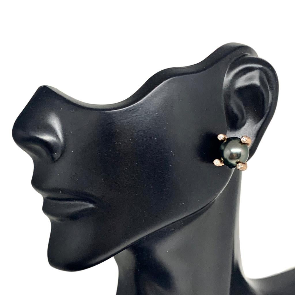 Diamond Large Tahitian Pearl Earrings 14k Rose Gold Certified For Sale 1