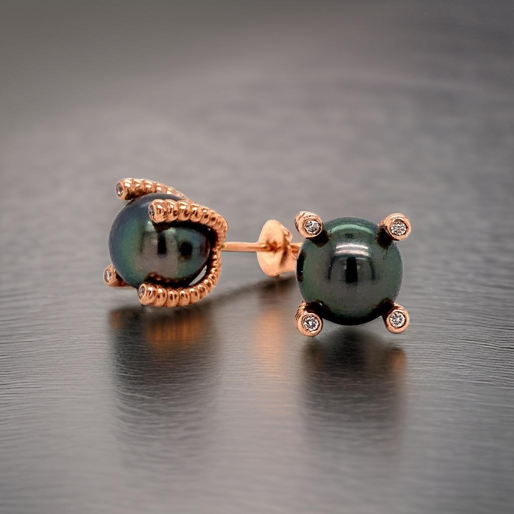 Diamond Large Tahitian Pearl Earrings 14k Rose Gold Certified For Sale 4