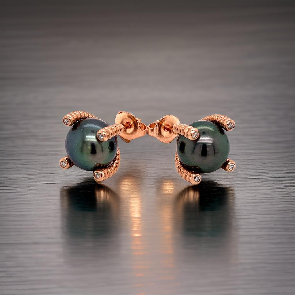 Diamond Large Tahitian Pearl Earrings 14k Rose Gold Certified For Sale 6