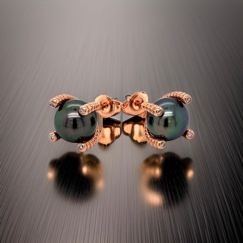 Modern Diamond Large Tahitian Pearl Earrings 14k Rose Gold Certified For Sale