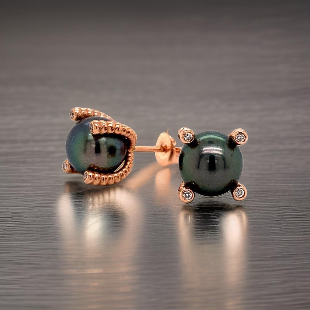 Diamond Large Tahitian Pearl Earrings 14k Rose Gold Certified In New Condition For Sale In Brooklyn, NY
