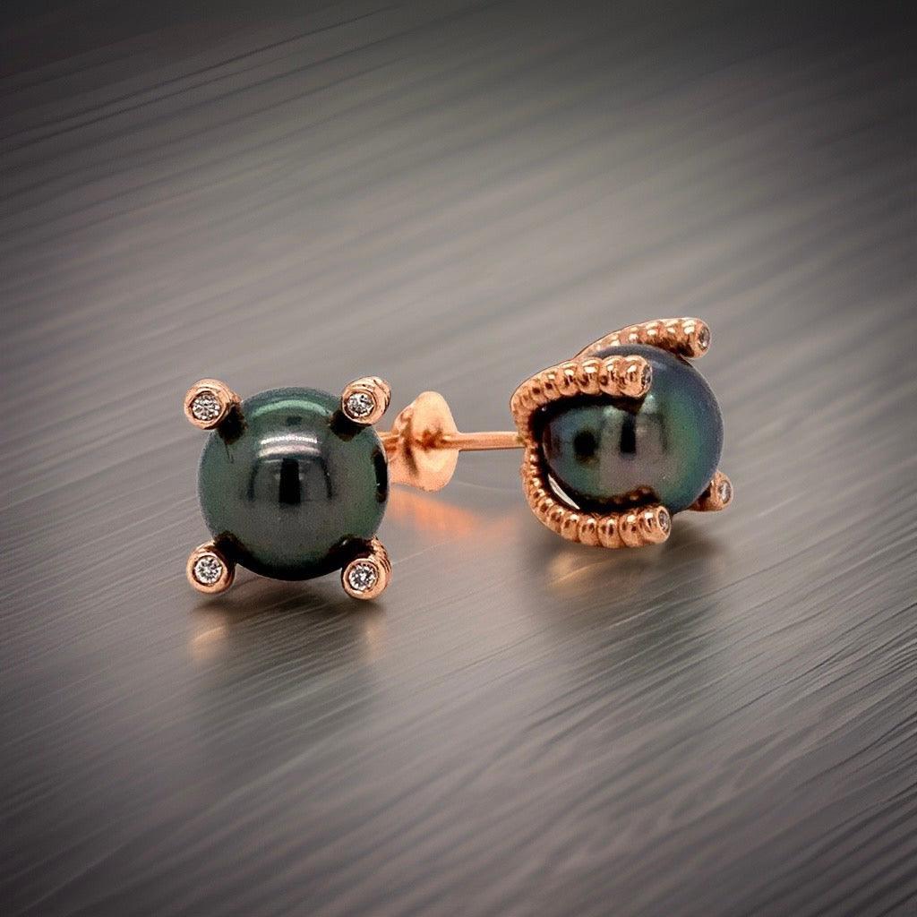 Diamond Large Tahitian Pearl Earrings 14k Rose Gold Certified For Sale 1