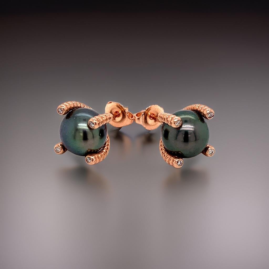 Diamond Large Tahitian Pearl Earrings 14k Rose Gold Certified For Sale 3