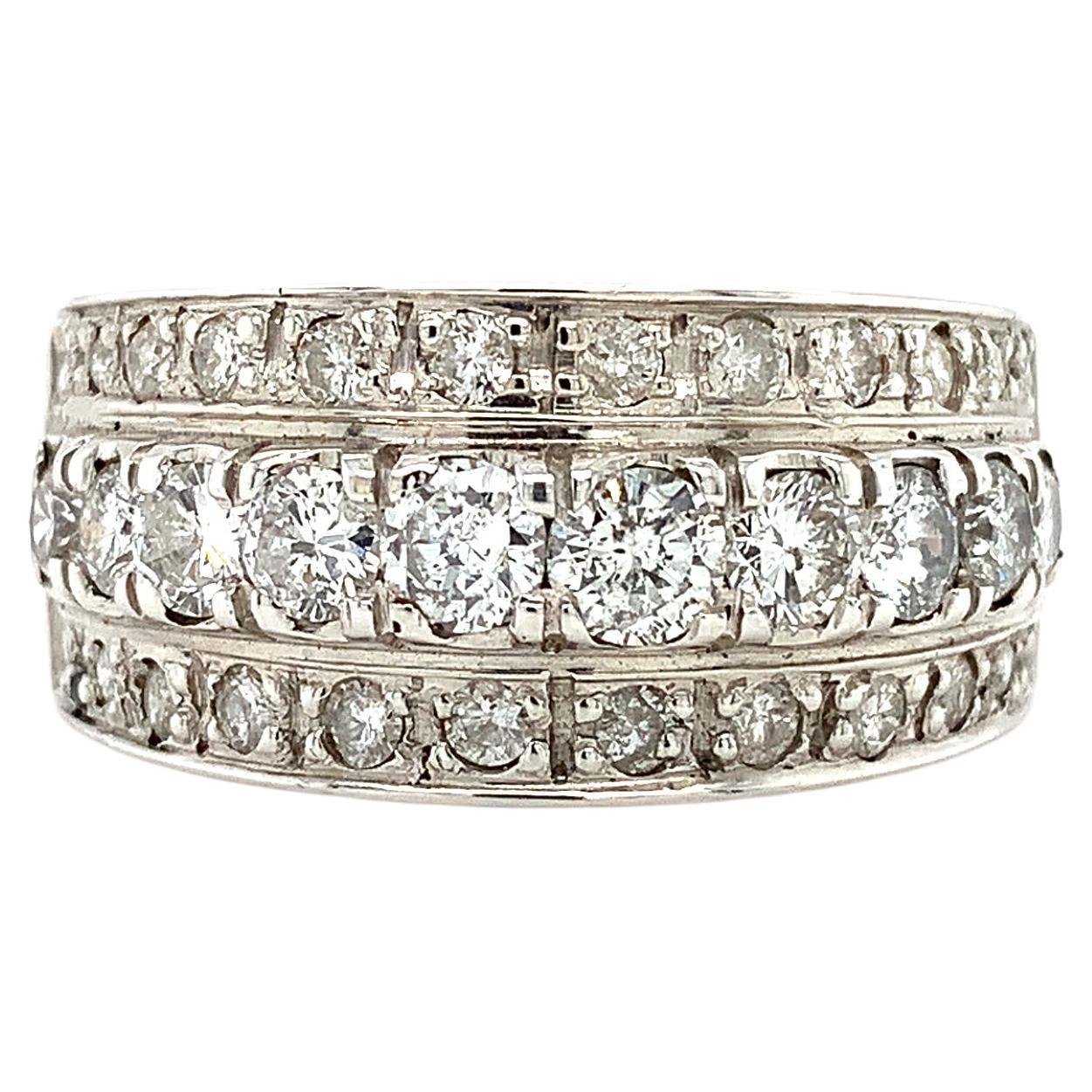 Diamond large three row diamond unisex cocktail ring 14k white gold