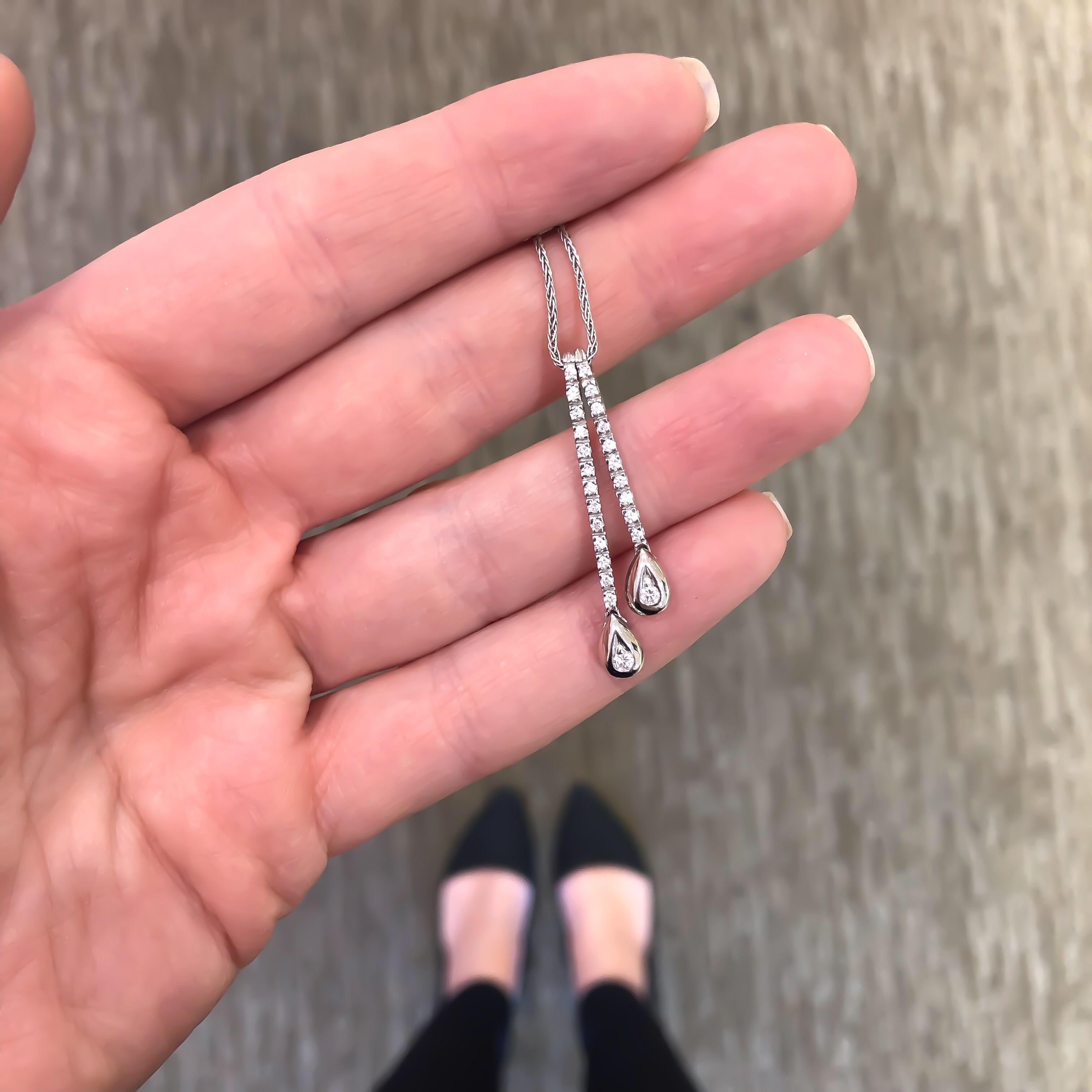 Round Cut Diamond Lariat Drop Pear Shape Pave Necklace on Chain 14 Karat .35 Carat