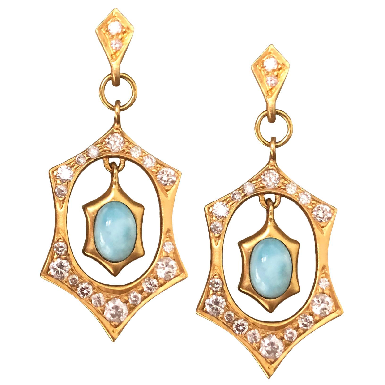 Diamond Larimar Gold Earrings by Lauren Harper For Sale