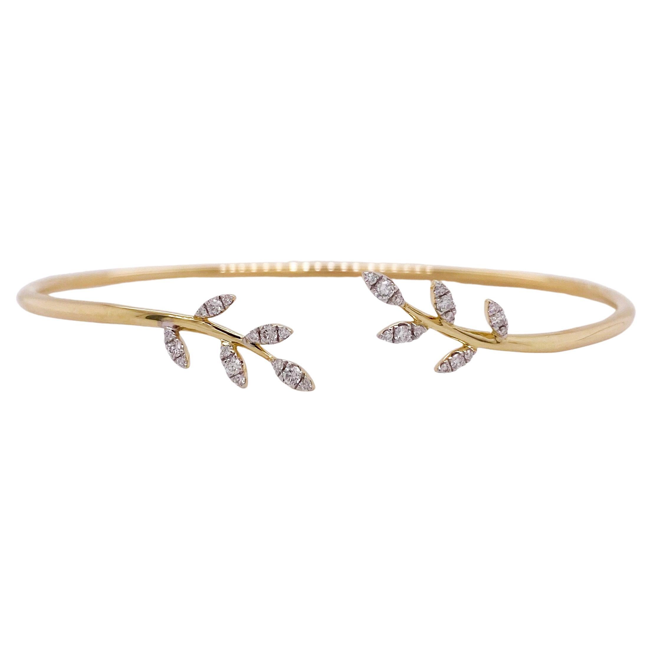 Diamond Leaf Bangle w 14K Yellow Gold