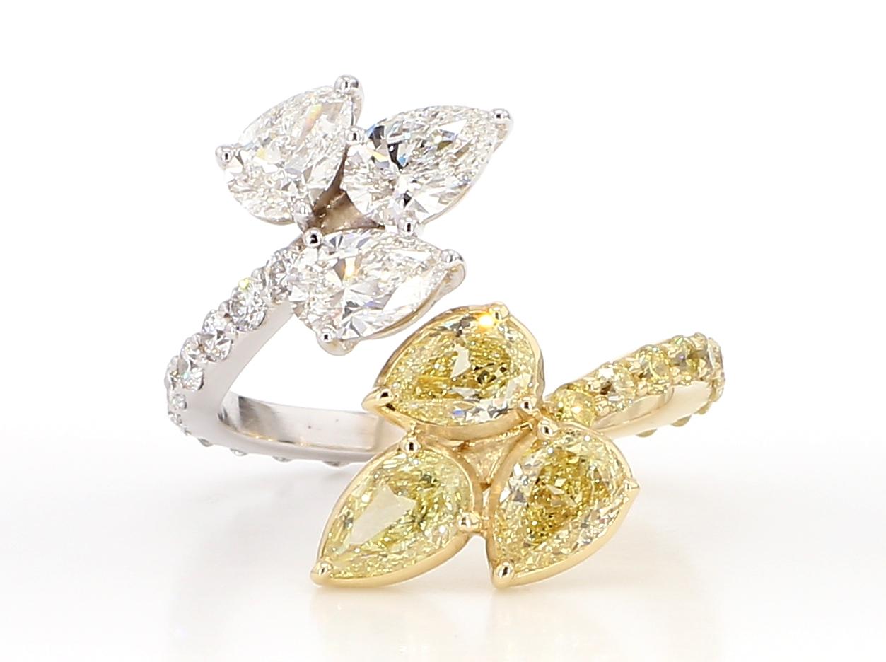 Pear Cut Diamond Leaf Bypass Ring 3.70 Carat Yellow Diamond and Colorless Set in 18K Gold For Sale
