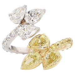 Diamond Leaf Bypass Ring 3.70 Carat Yellow Diamond and Colorless Set in 18K Gold