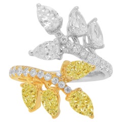 Diamond Leaf Bypass Ring Fancy Yellow and White Diamonds 2.64 Carats 18K Gold