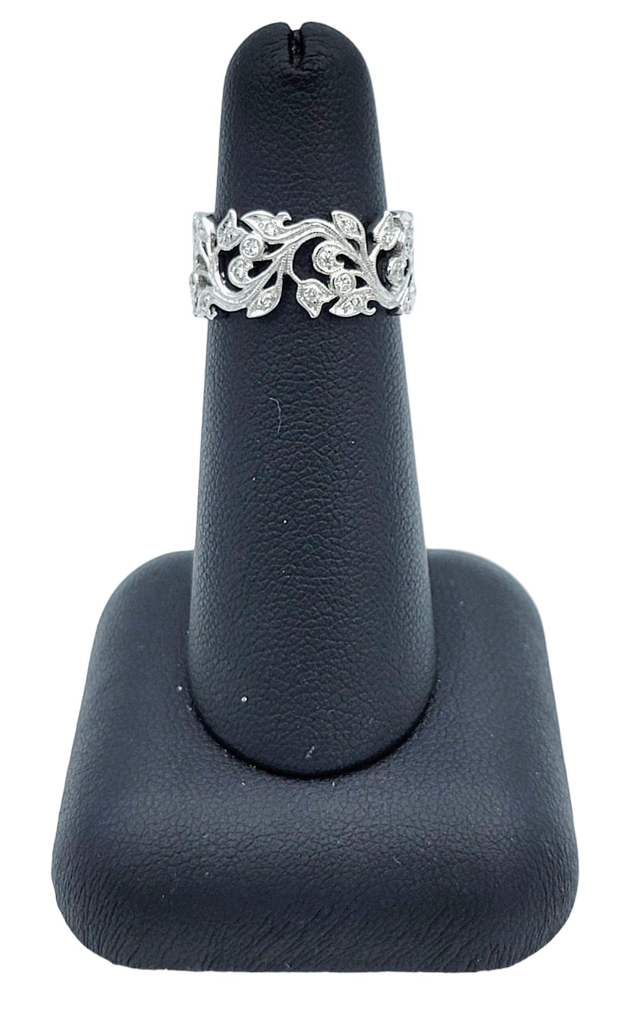 Diamond Leaf Cut Out Eternity Band Ring with Milgrain Set in 18 Karat White Gold For Sale 4