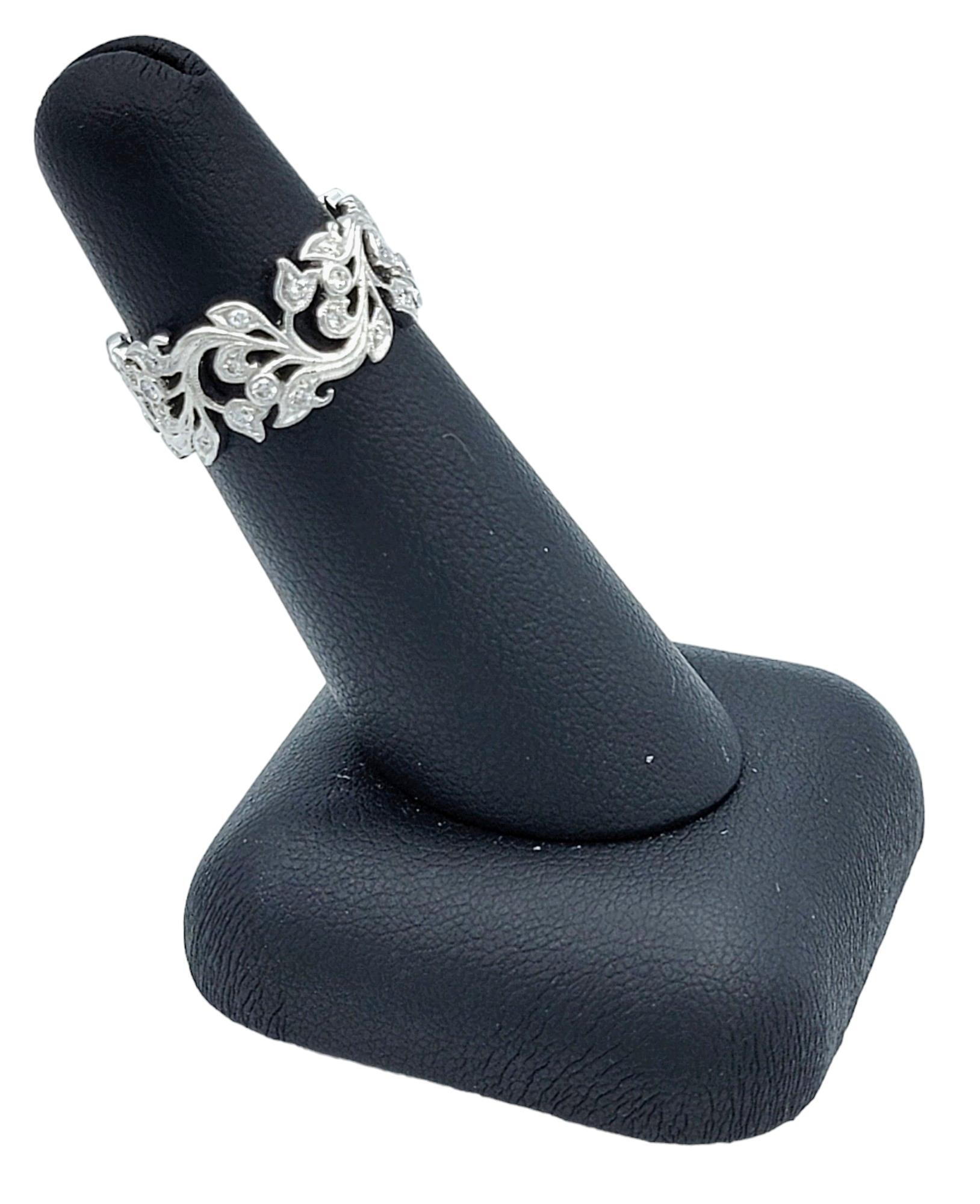 Diamond Leaf Cut Out Eternity Band Ring with Milgrain Set in 18 Karat White Gold For Sale 5