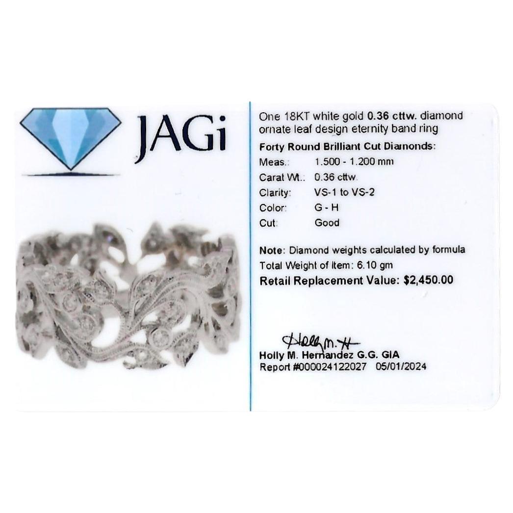 Diamond Leaf Cut Out Eternity Band Ring with Milgrain Set in 18 Karat White Gold For Sale 6