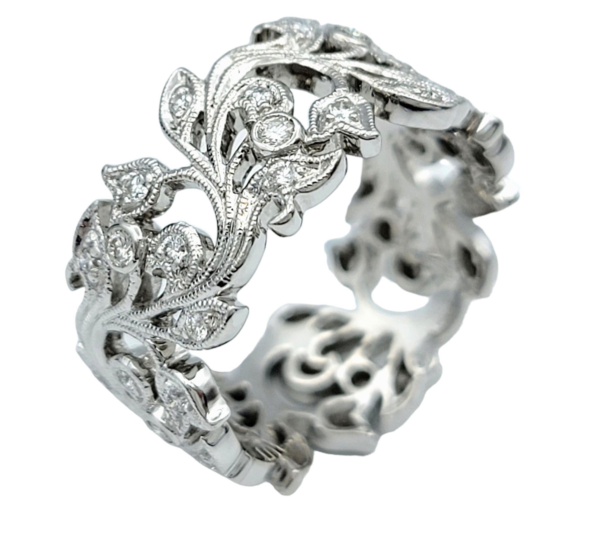 Contemporary Diamond Leaf Cut Out Eternity Band Ring with Milgrain Set in 18 Karat White Gold For Sale