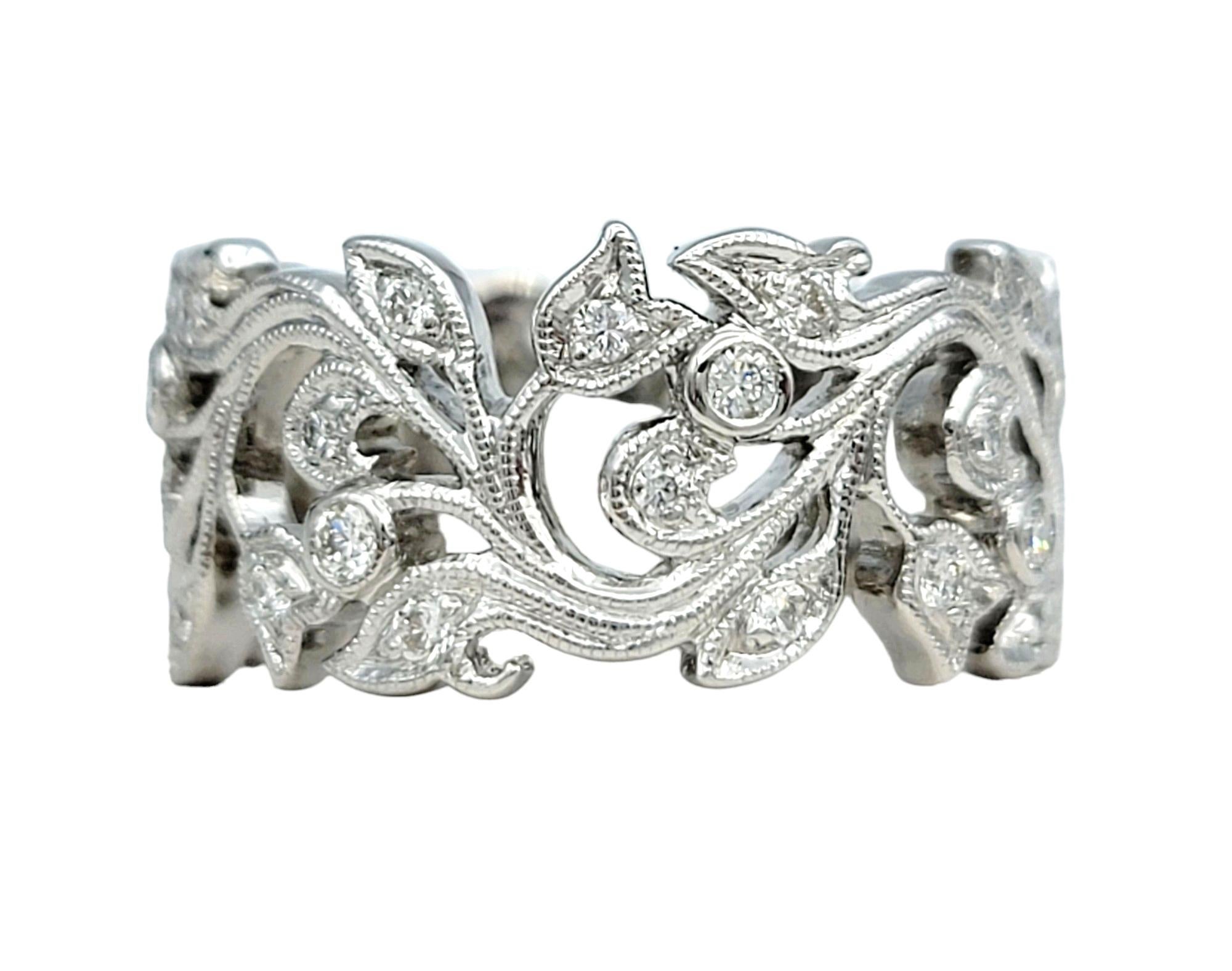 Diamond Leaf Cut Out Eternity Band Ring with Milgrain Set in 18 Karat White Gold In Good Condition For Sale In Scottsdale, AZ