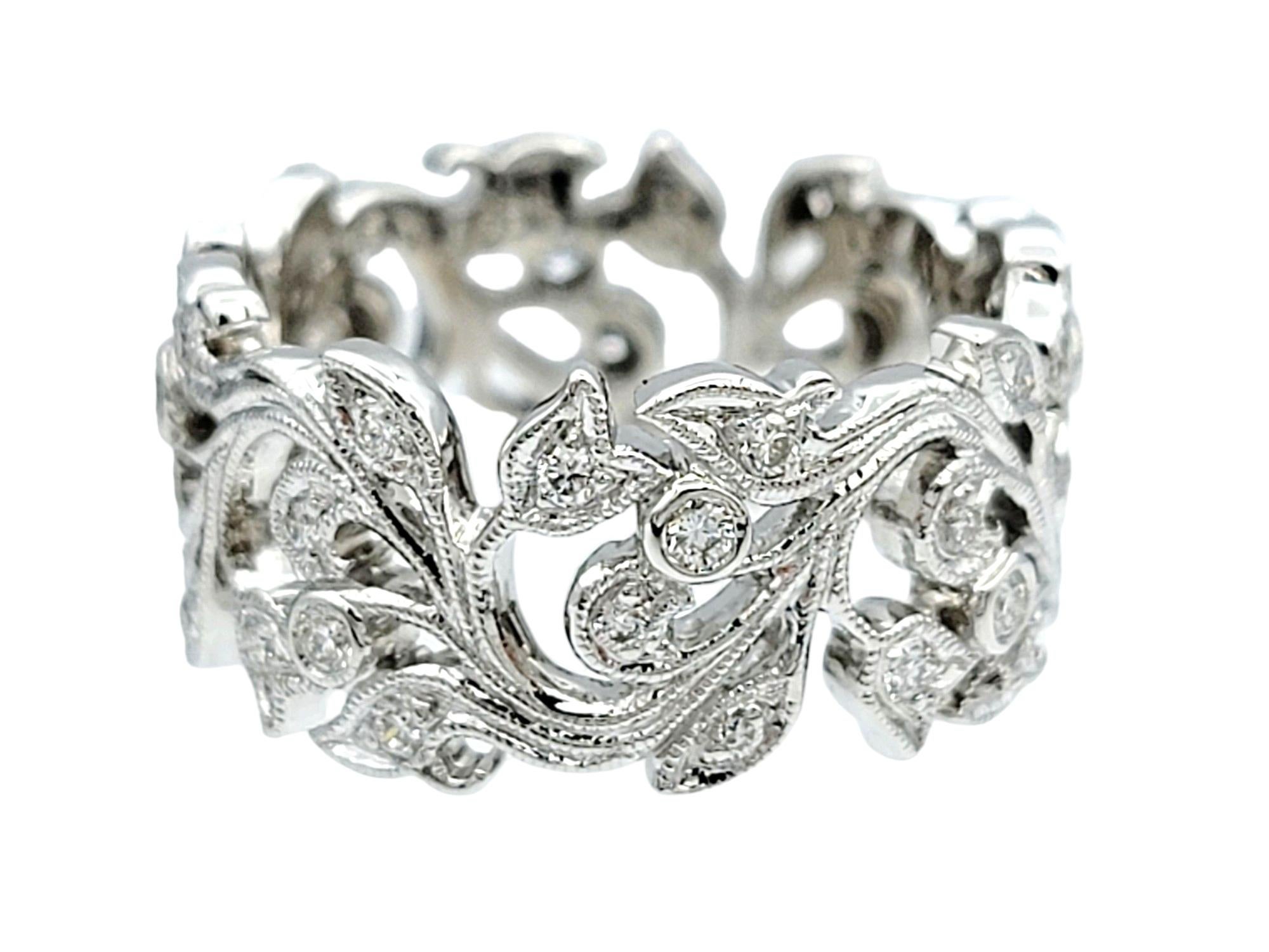 Women's Diamond Leaf Cut Out Eternity Band Ring with Milgrain Set in 18 Karat White Gold For Sale