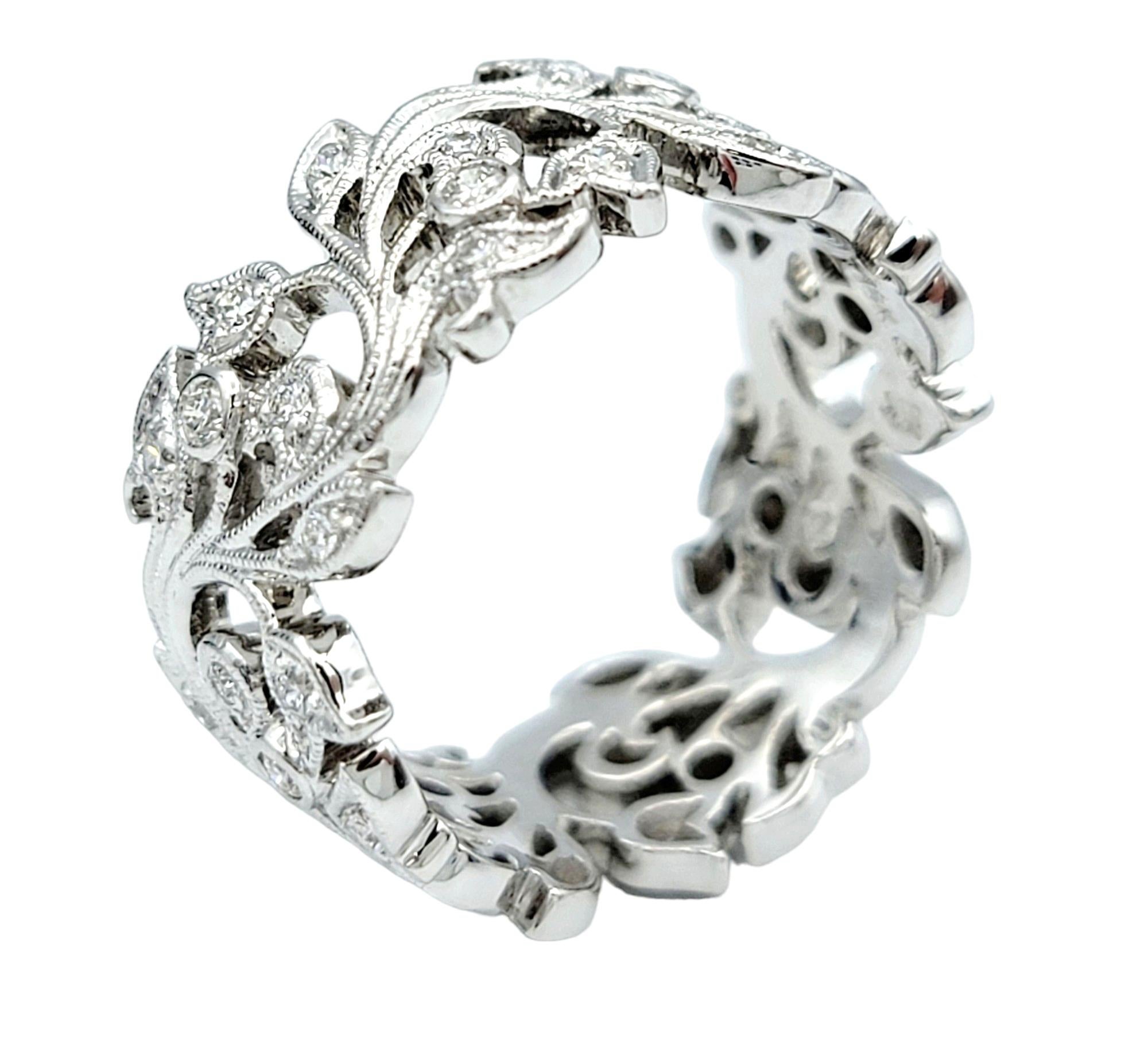 Diamond Leaf Cut Out Eternity Band Ring with Milgrain Set in 18 Karat White Gold For Sale 1
