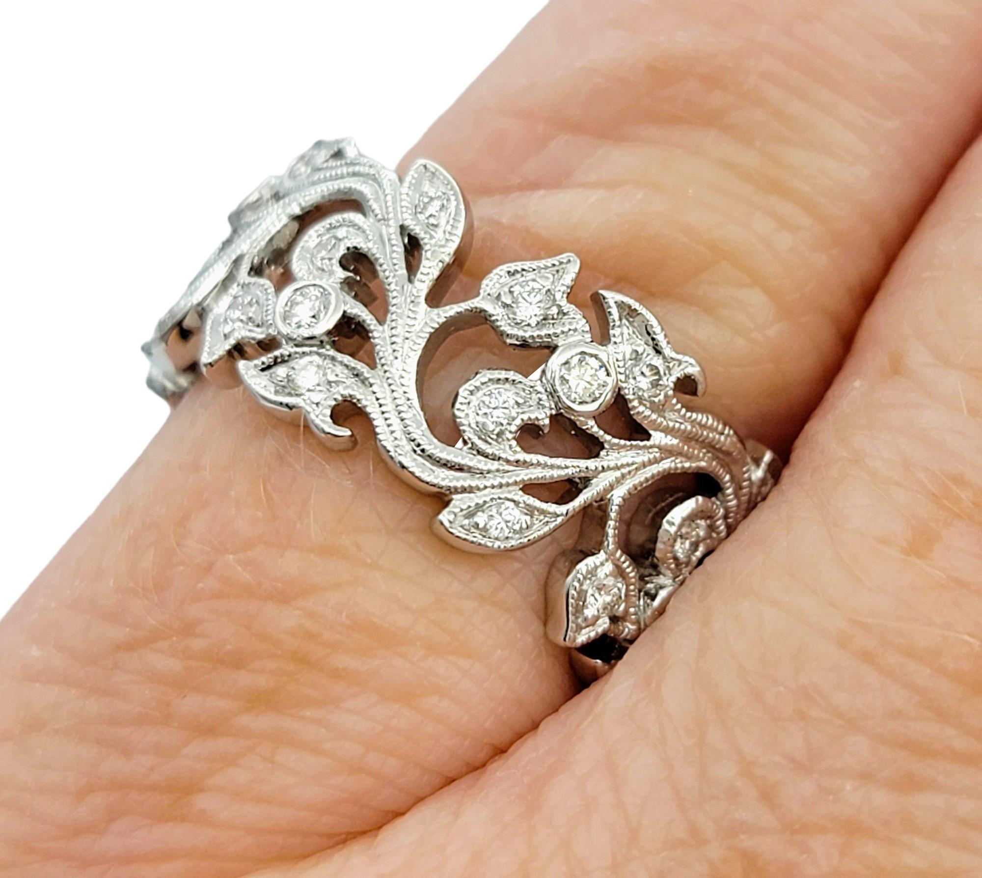 Diamond Leaf Cut Out Eternity Band Ring with Milgrain Set in 18 Karat White Gold For Sale 3