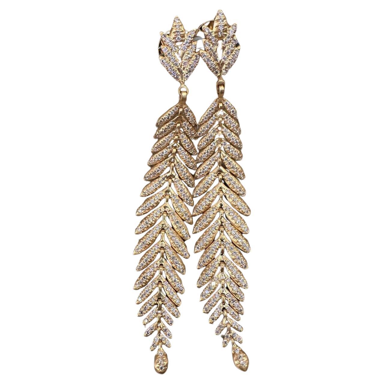 Diamond Leaf Dangle Chandelier Drop Earrings in 18k Yellow Gold For Sale