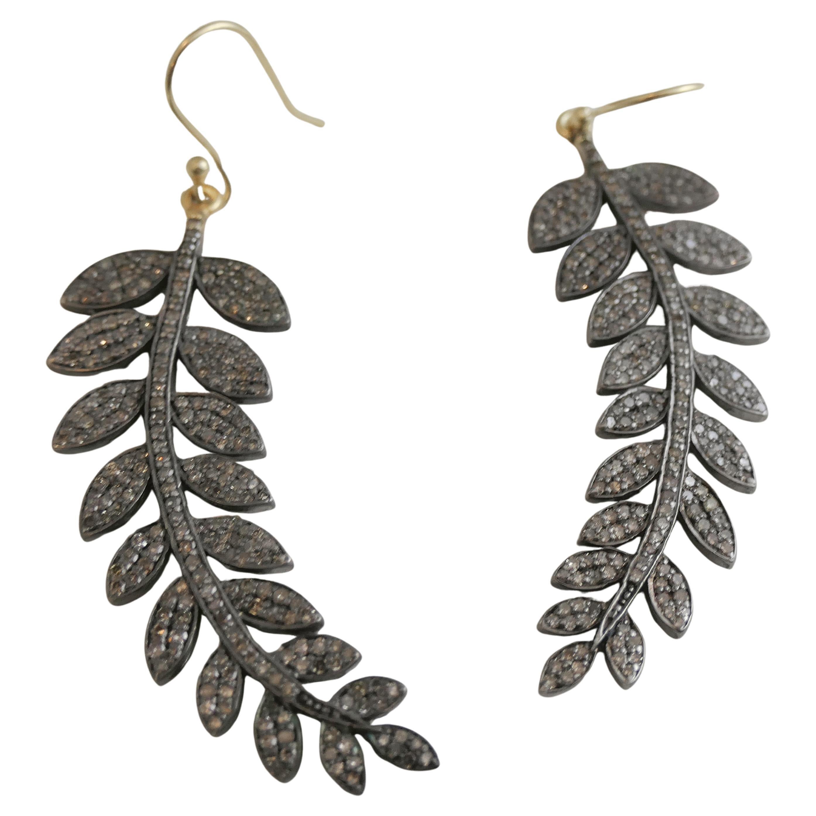 Diamond Leaf Drop Dangle Oxidized Silver Gold Plated Drop Dangle Earrings