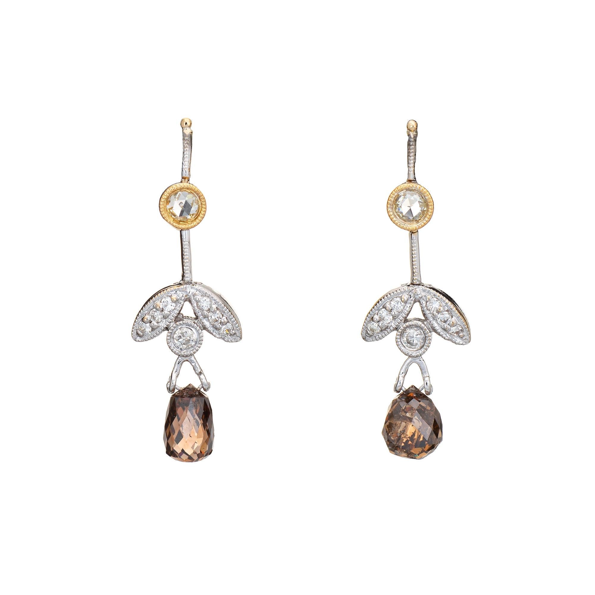 Modern Diamond Leaf Drop Earrings Estate 14k Gold Cognac Briolette Cut Vintage Jewelry