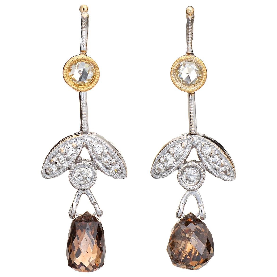Diamond Leaf Drop Earrings Estate 14k Gold Cognac Briolette Cut Vintage Jewelry