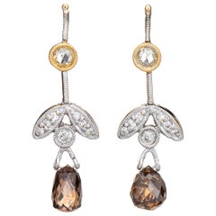 Diamond Leaf Drop Earrings Estate 14k Gold Cognac Briolette Cut Vintage Jewelry