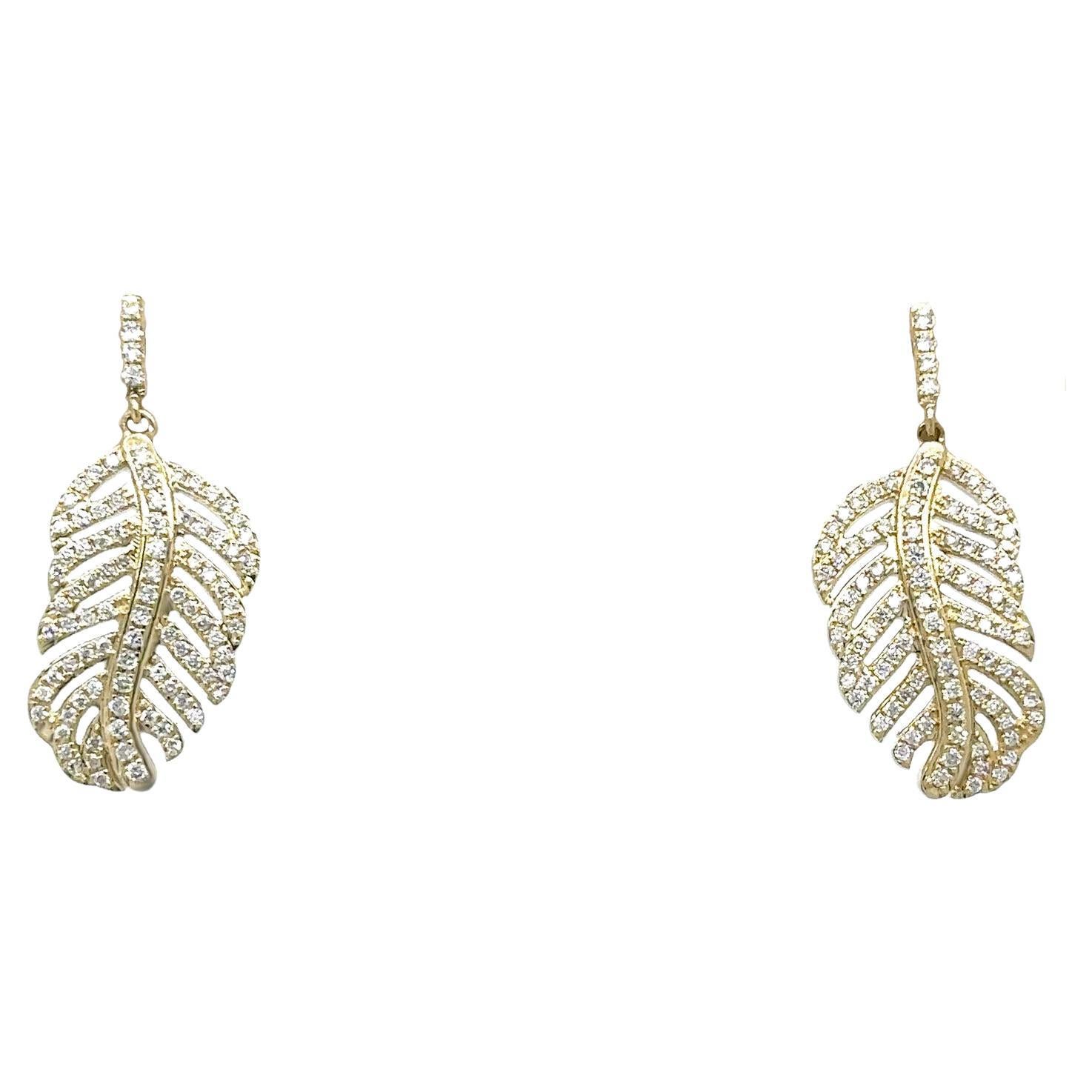 Diamond Leaf Earrings 180 Diamonds 14K Yellow Gold For Sale