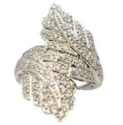 Elongated Pavé Diamond Leaf Motif Bypass Cocktail Ring in 14 Karat White Gold